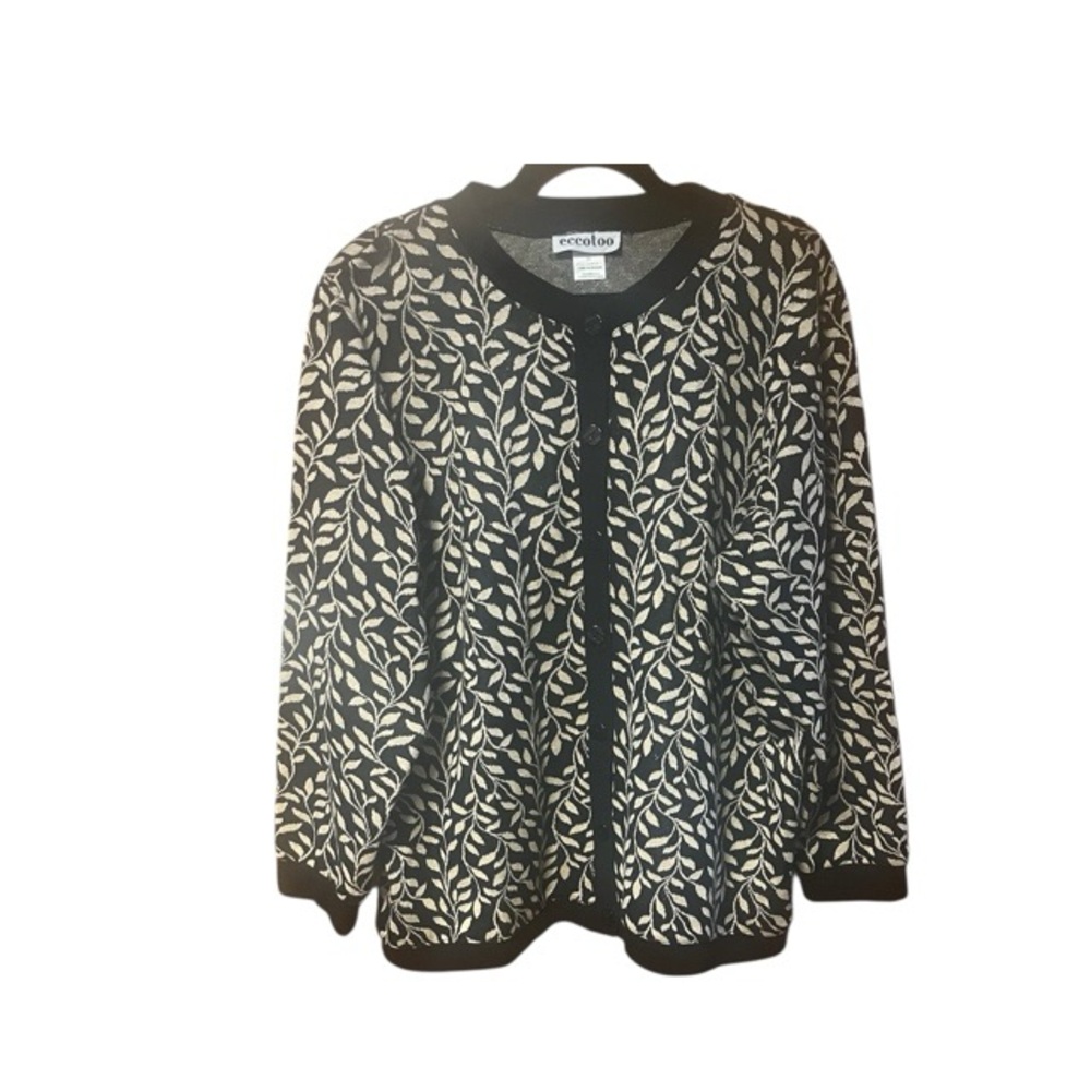 Eccotoo Vintage Metallic Leaf Print Cardigan Sweater - Picture 2 of 6